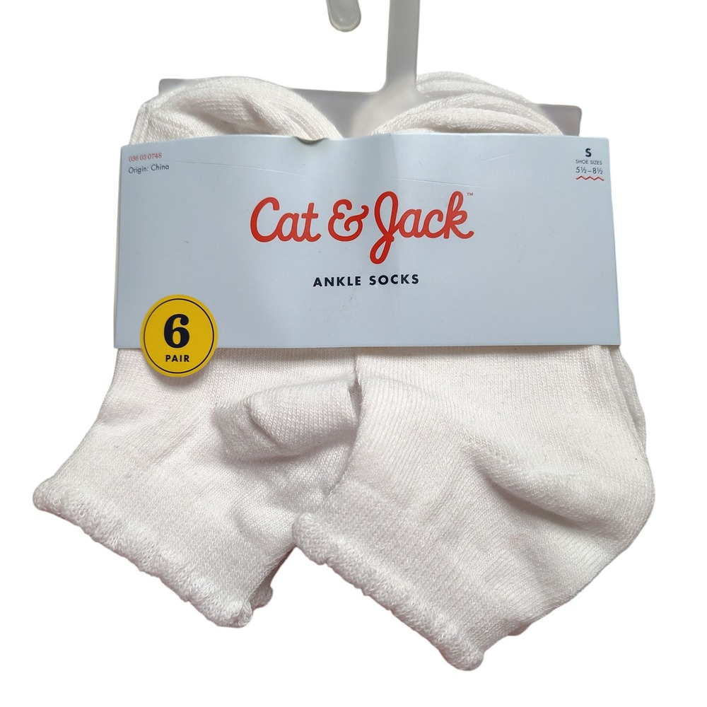 Cat & Jack Girls White Ankle Socks Size Small 5.5-8.5 6‎ Pair Pack NEW